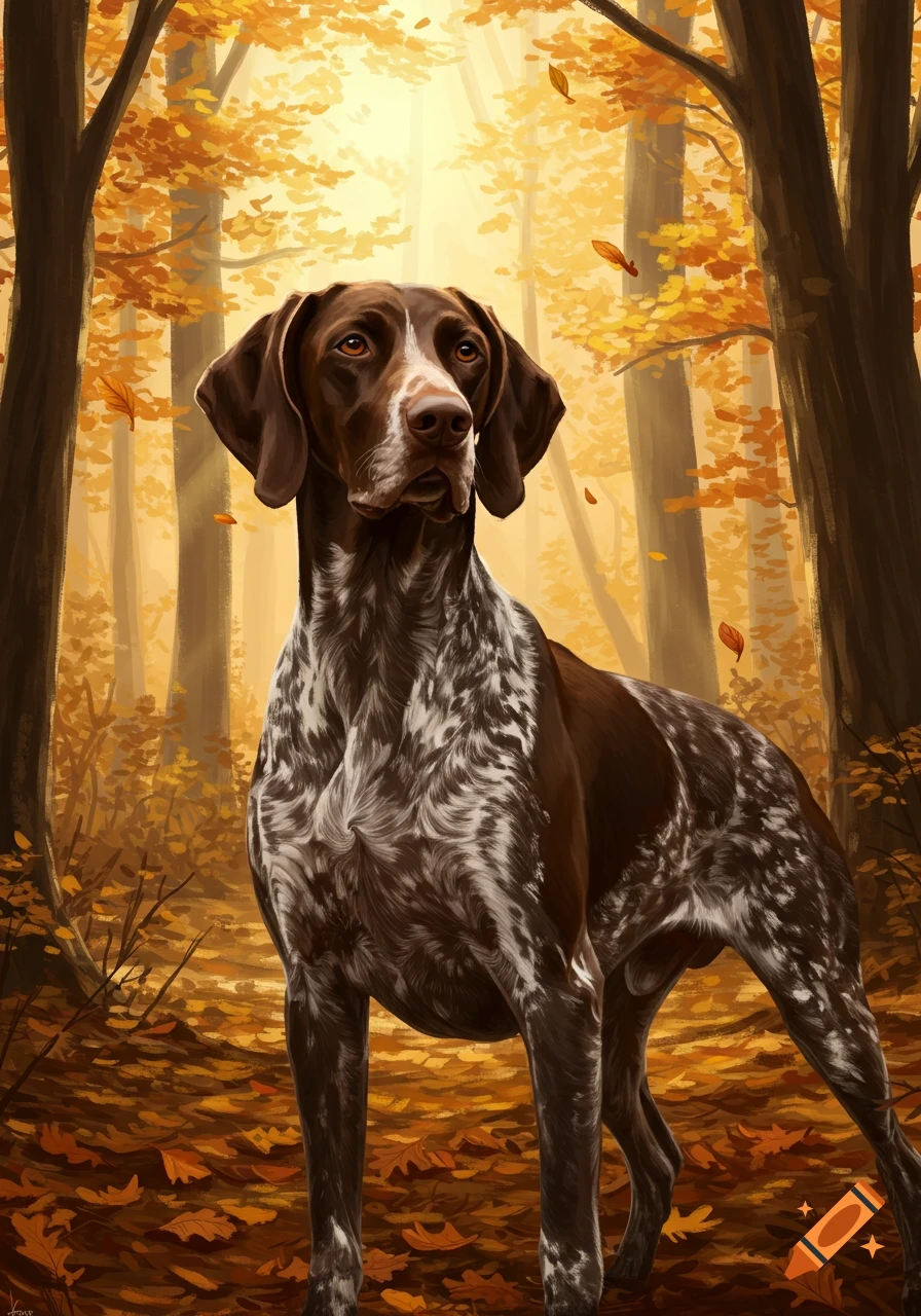 A brown and white German Shorthaired Pointer dog stands in an autumn forest with golden leaves, digital painting style.