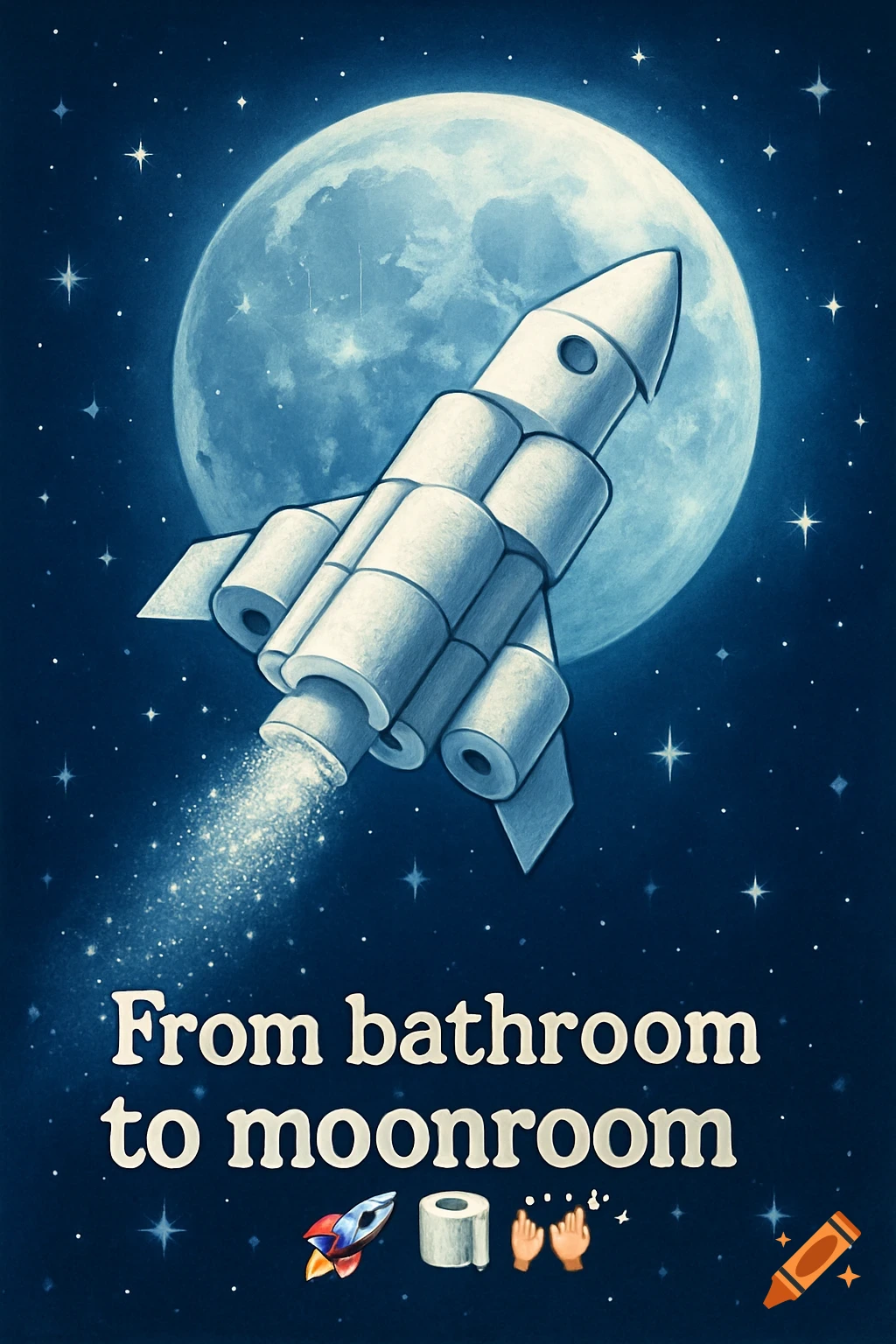 Cartoon rocket made of toilet paper flies past a full moon in a starry blue sky, with text 'From bathroom to moonroom'.