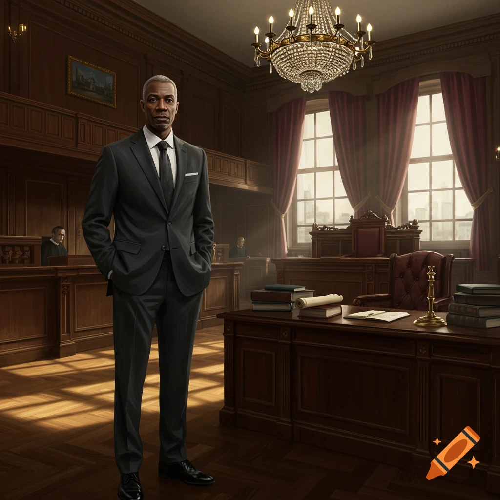 A photorealistic image of a man in a dark suit standing in a traditional courtroom.