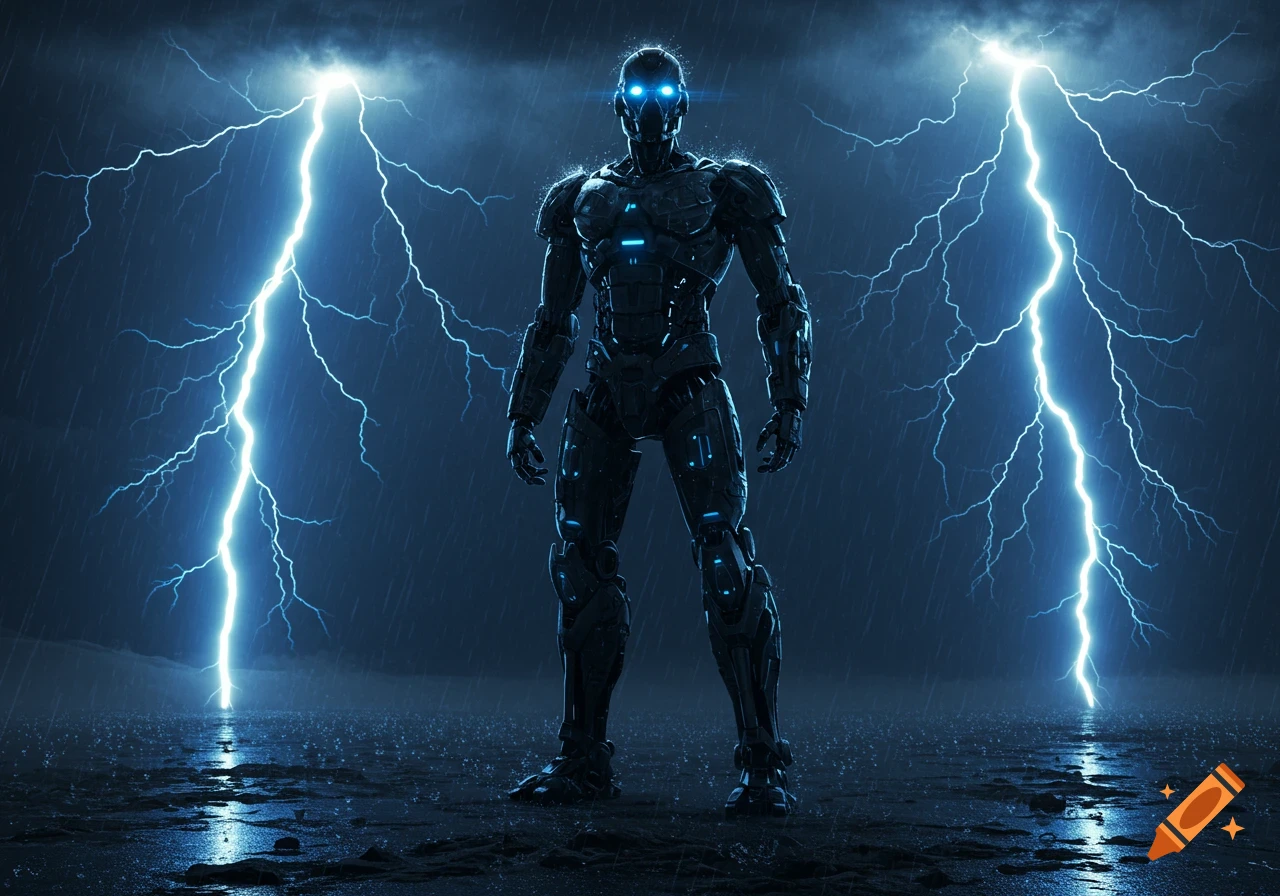 A dark, armored robot with glowing blue eyes stands in the rain as two large bolts of lightning strike behind it.