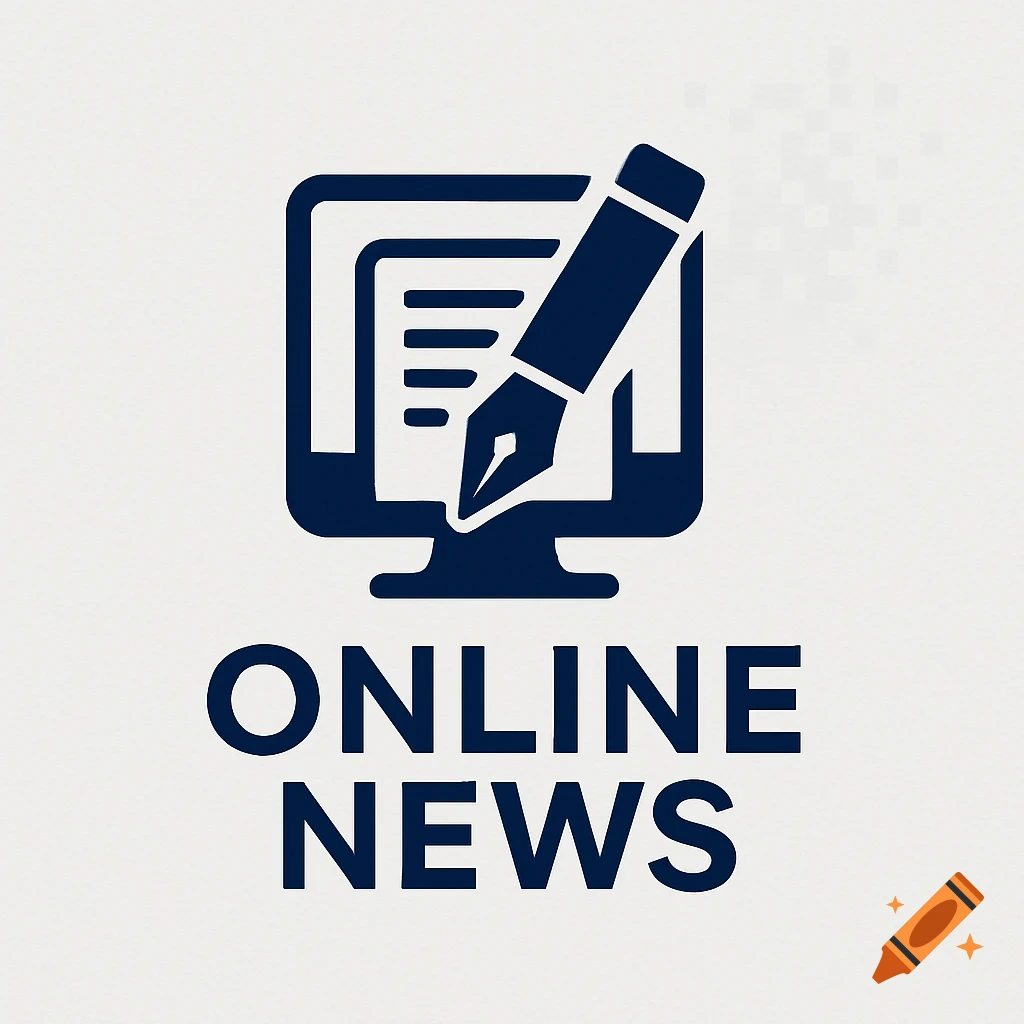 A navy blue logo with a computer monitor displaying a document and a fountain pen writing, above the text "ONLINE NEWS" on a light background.