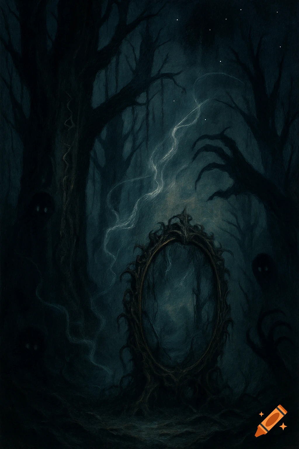 Dark, eerie forest with a gothic, ornate mirror, shadowy monster-like figures, and gnarled trees with glowing eyes.