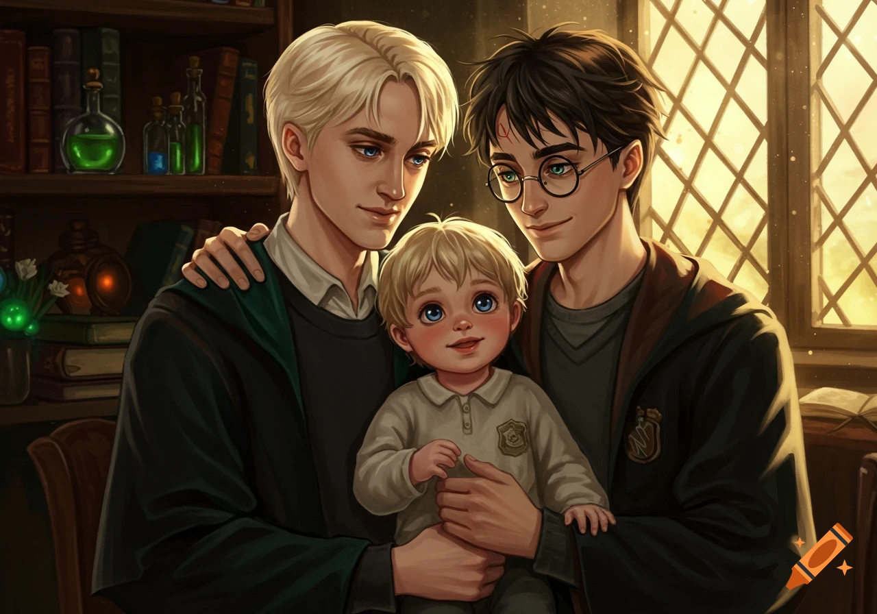 Digital illustration of two men, one blonde and one dark-haired with glasses, holding a smiling blonde baby in a cozy magical-themed room.