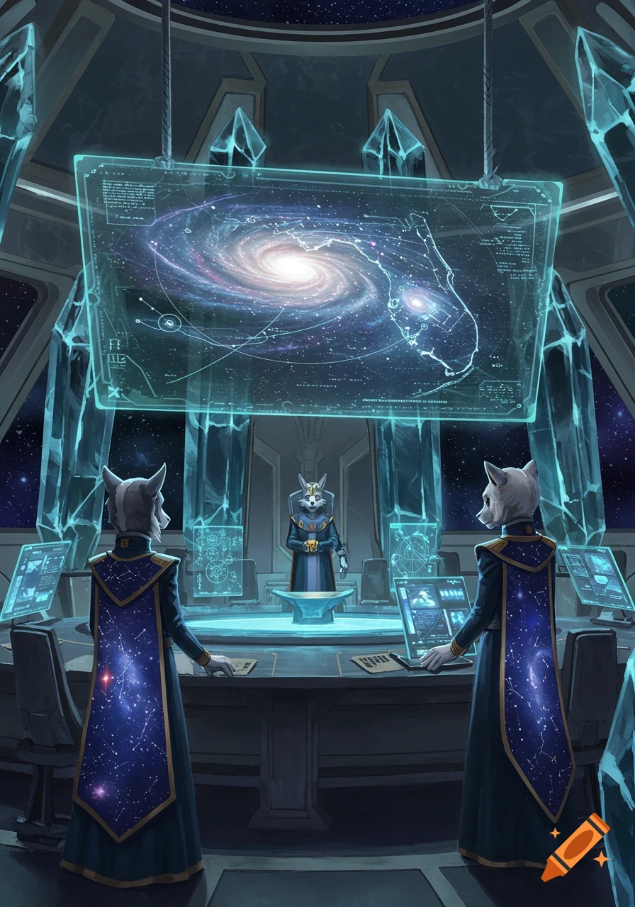Anthropomorphic cat-like beings view a holographic galactic map in a futuristic control room, digital art.