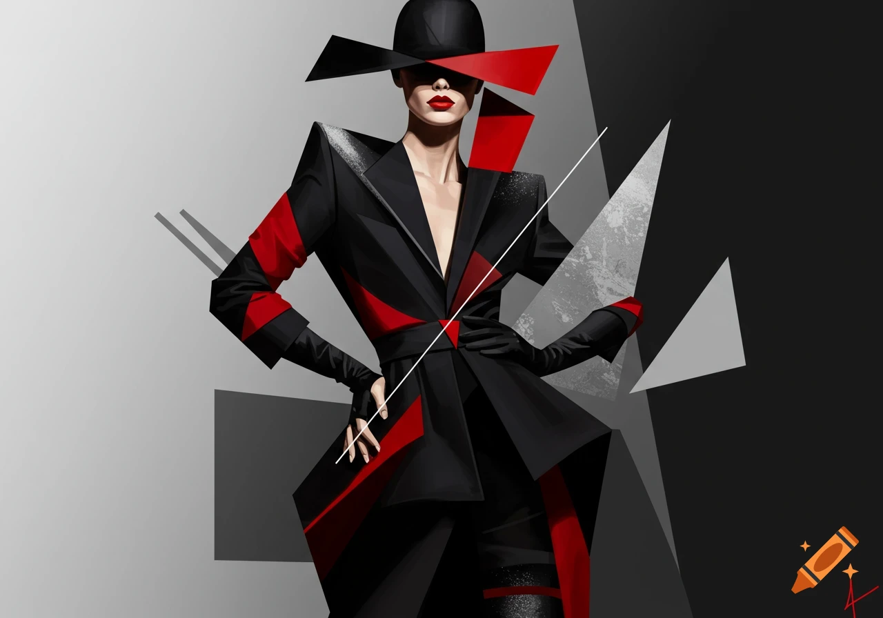 A stylized woman in a black and red cubist-inspired outfit with a wide-brimmed hat, against a geometric gray and black background.