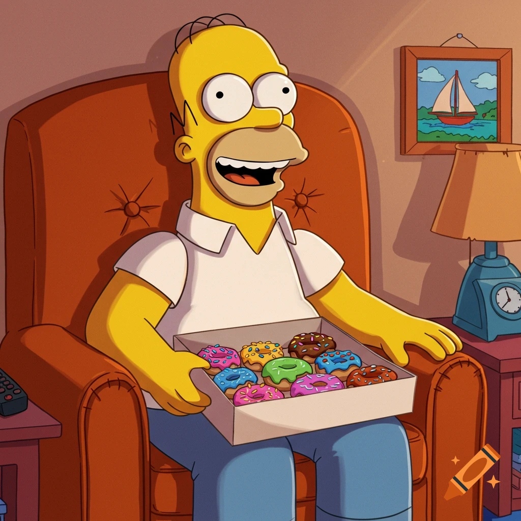 Homer Simpson sits in his orange armchair, smiling with a box of colorful donuts in his lap, in a classic cartoon style.