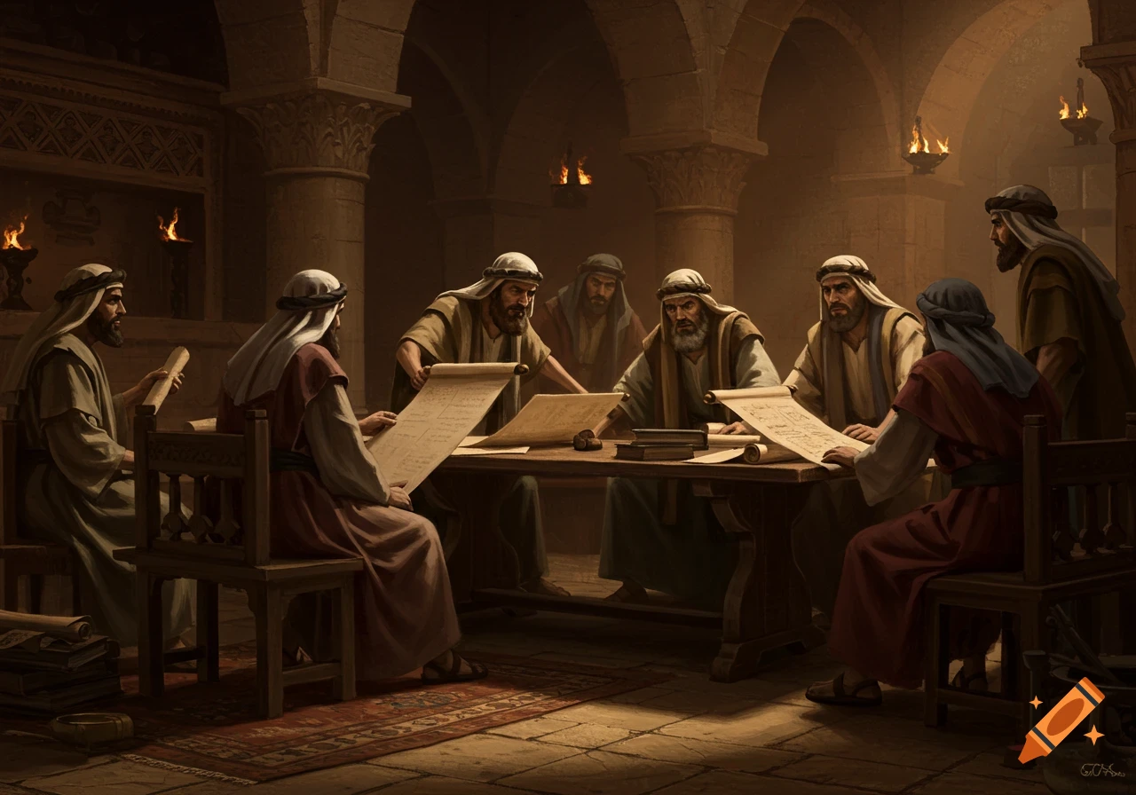 A group of men in ancient robes with beards sit around a table, intensely studying scrolls in a dimly lit, arched stone room.