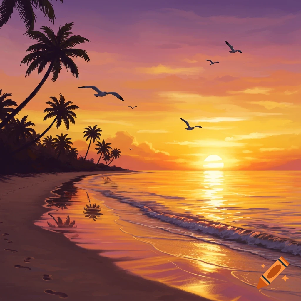 Illustrative sunset over a tropical beach with silhouetted palm trees, calm ocean waves, and flying seagulls.