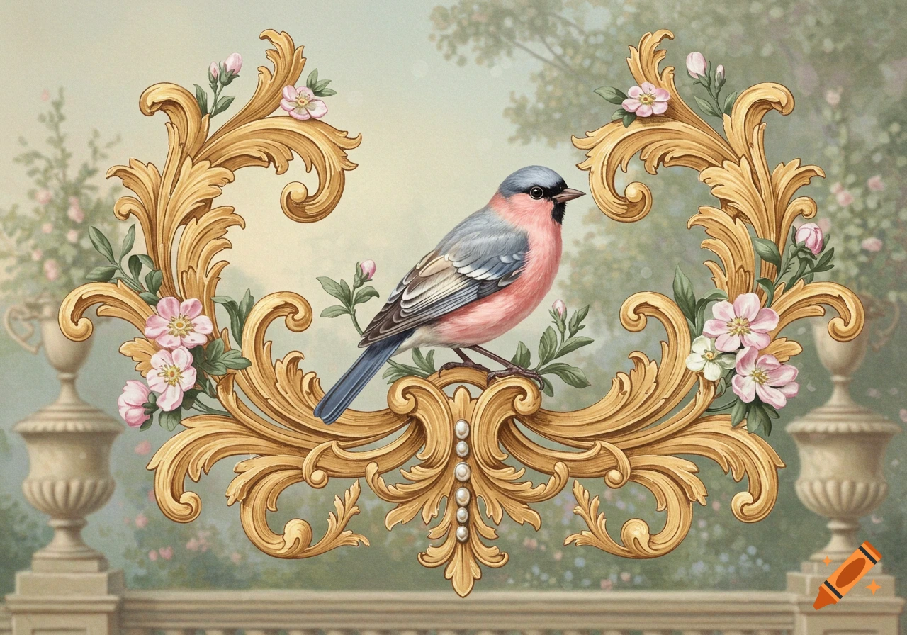A pink and gray bird perches on golden rococo ornamentation with pink flowers, set against a soft garden background.