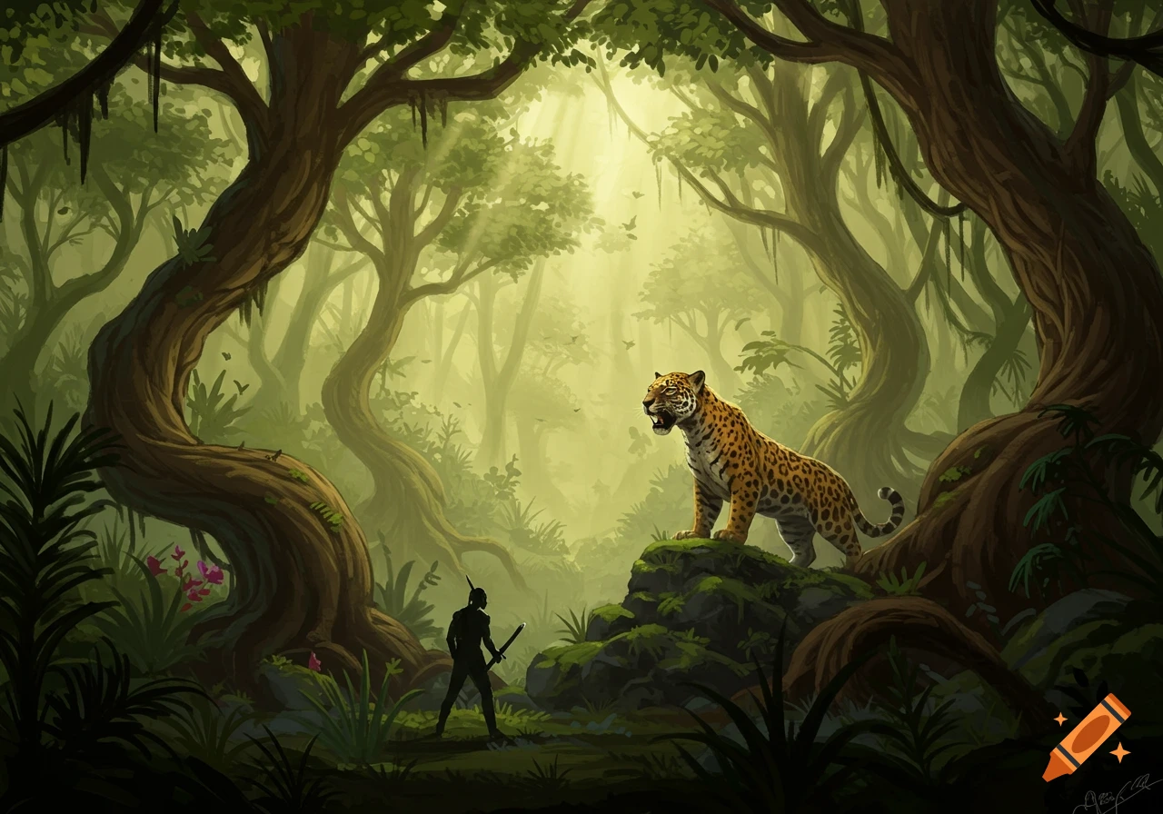 A silhouetted figure with a sword confronts a roaring jaguar on a rock in a mystical, lush jungle setting.