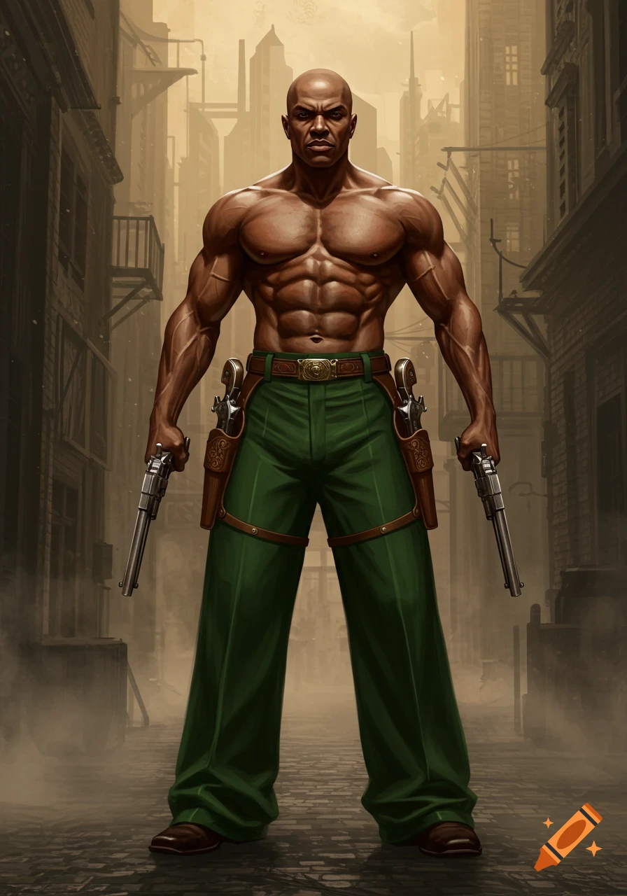 A bald, muscular man in green pants holds two pistols in a gritty, stylized urban alleyway.