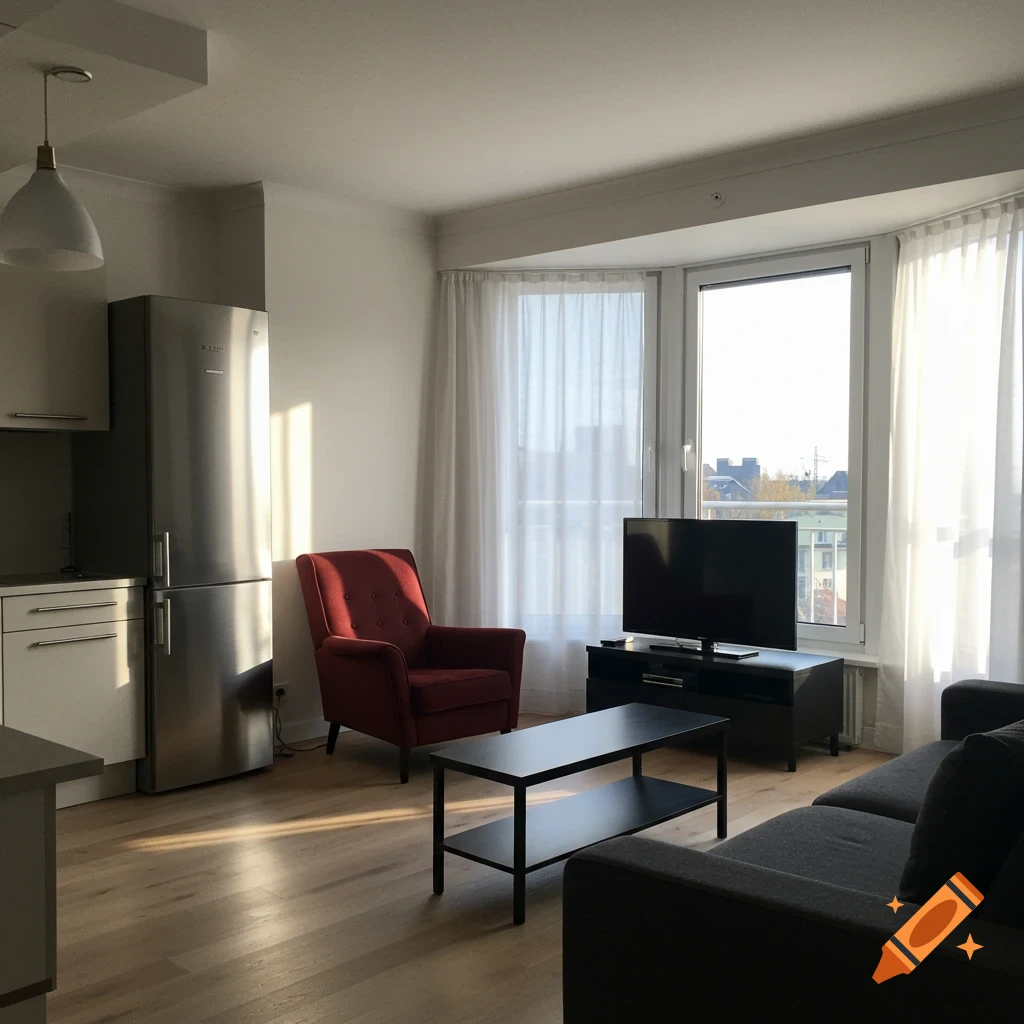 A modern living room and kitchen area with a red armchair, gray sofa, black coffee table, and stainless steel fridge. Sunlight streams through a large window.