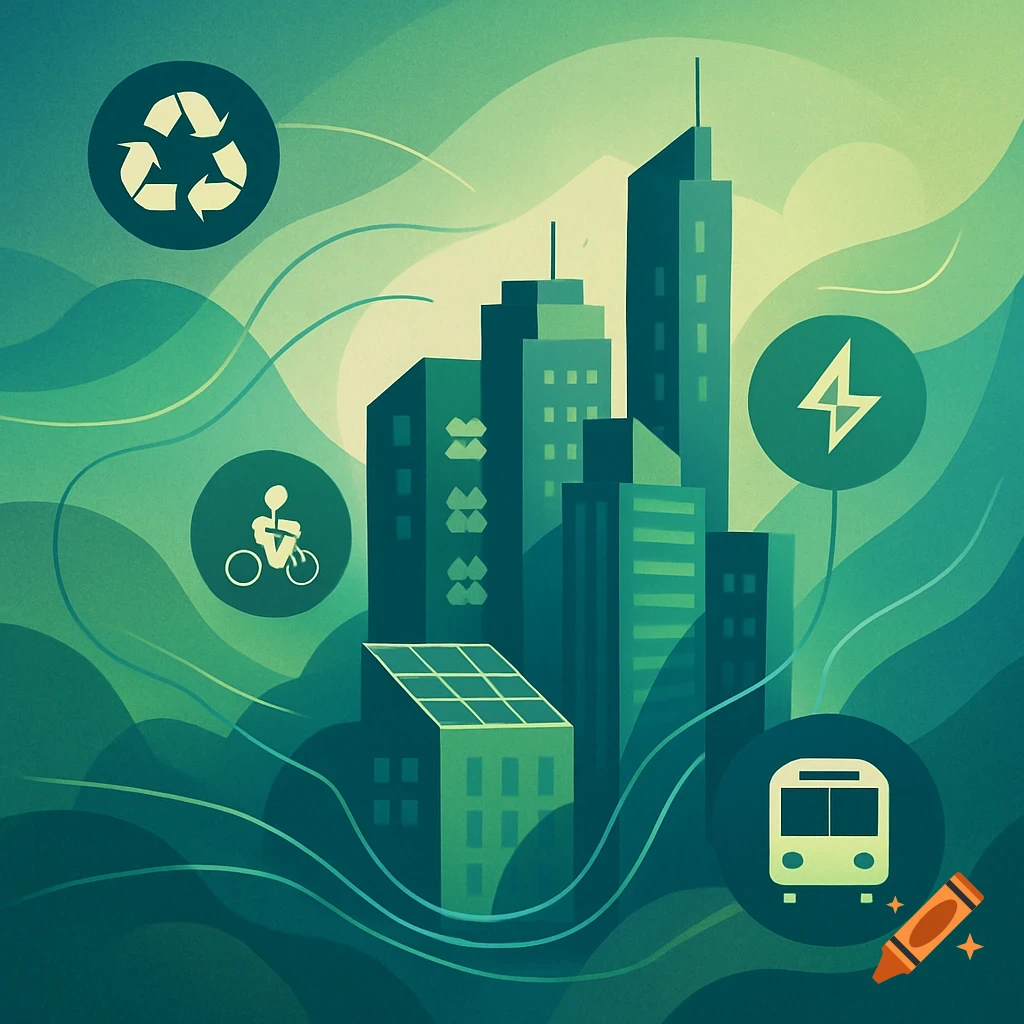 Stylized green and blue illustration of a sustainable city with buildings, recycling, cycling, electric, and bus symbols.