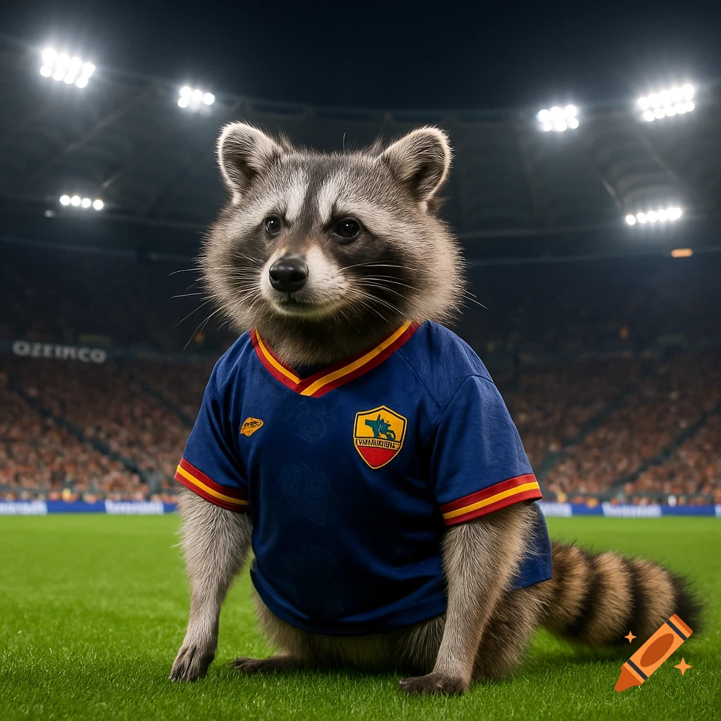 A photorealistic raccoon wearing a blue and yellow soccer jersey sits on a green field in a large, lit stadium at night.