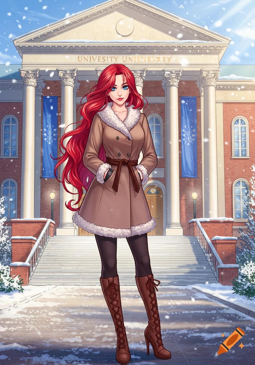 Manga-style woman with long red hair and blue eyes in a brown winter coat and boots, standing in front of a snow-covered university building.