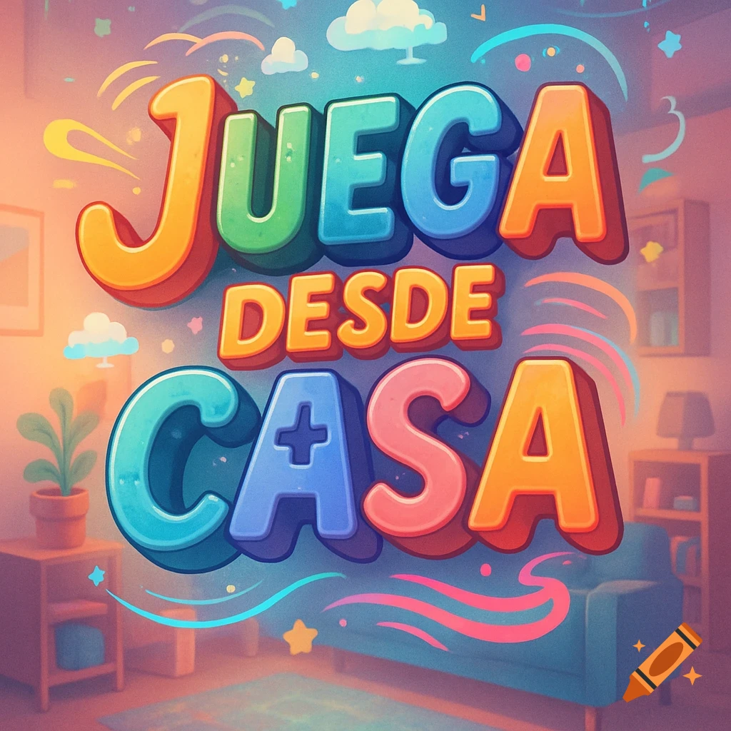 Colorful 3D text 'JUEGA DESDE CASA' (Play From Home) in a vibrant, cartoonish style against a cozy home interior background.