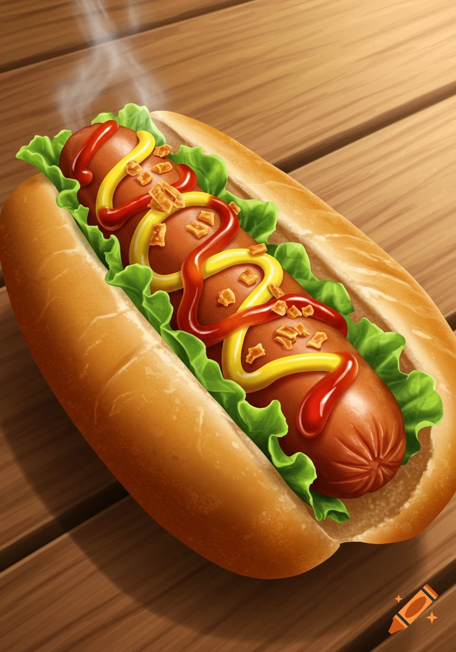 A steaming hot dog in a bun with lettuce, ketchup, mustard, and chopped onions on a wooden table, top-down view. Illustrated.