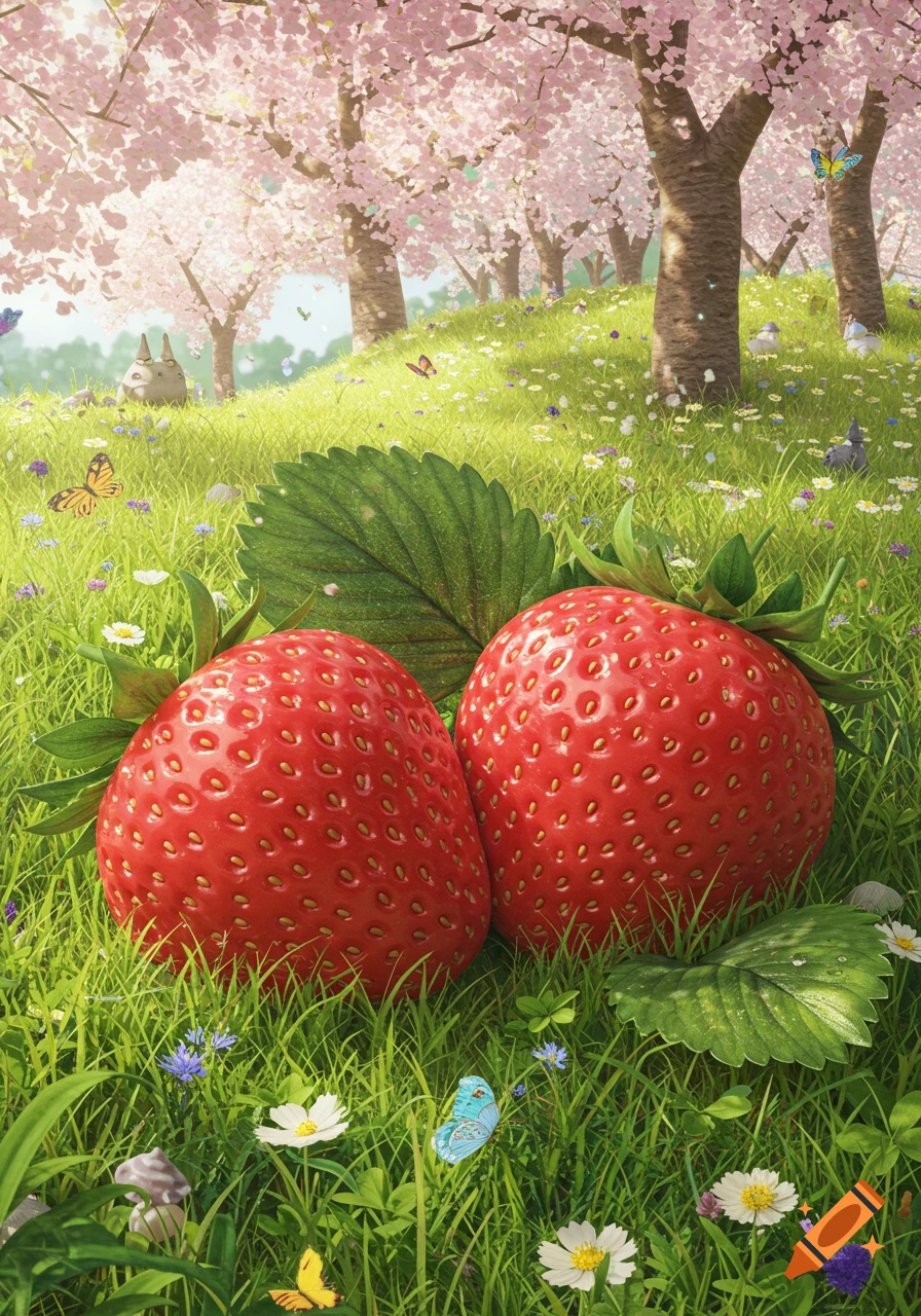 Two large strawberries in a vibrant grassy field with cherry blossom trees, butterflies, and a small Totoro-like creature in the distance, Ghibli style.