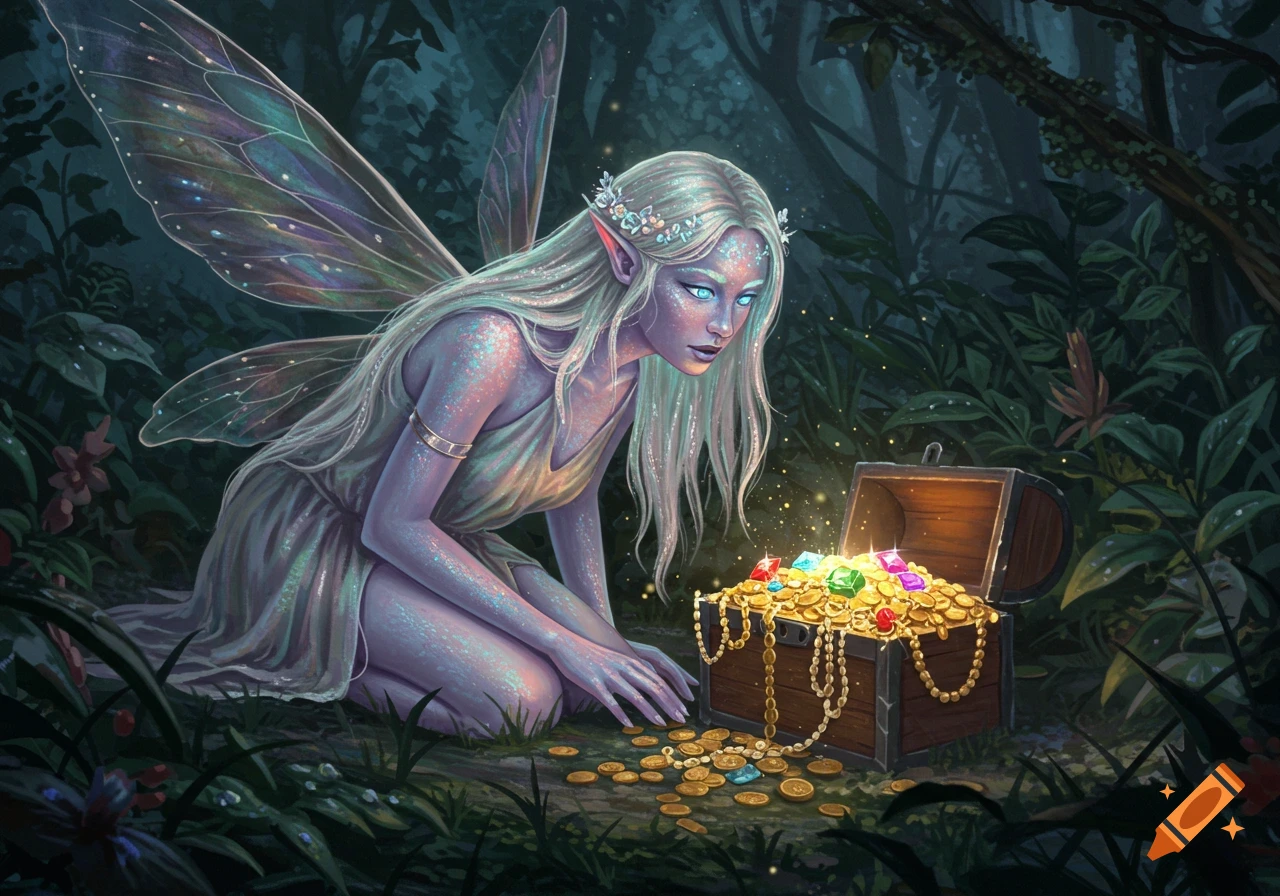 An ethereal white-haired fairy with iridescent wings kneels in a dark forest, mesmerized by a glowing treasure chest overflowing with gold and gems.