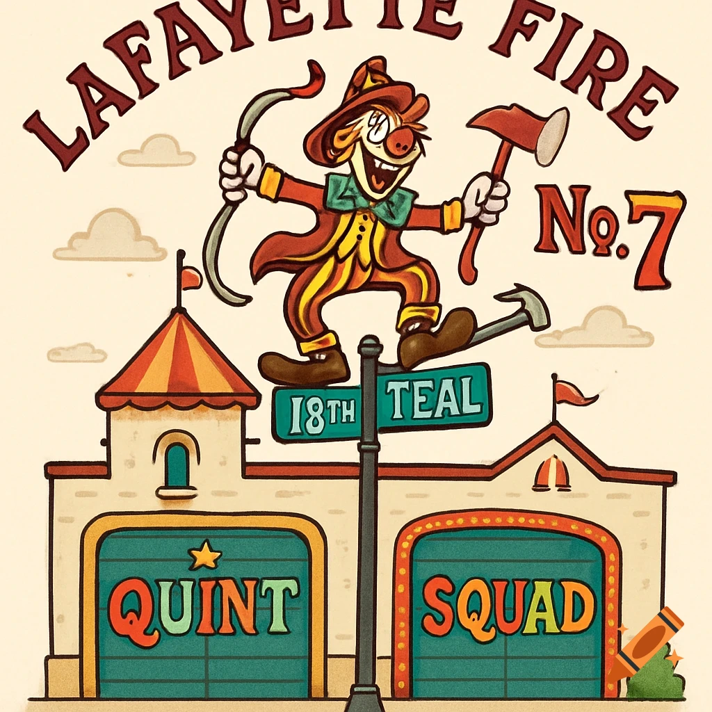 A crazy carnie firefighter stands on a street sign in front of a carnival-themed fire station, in an old-school cartoon style.