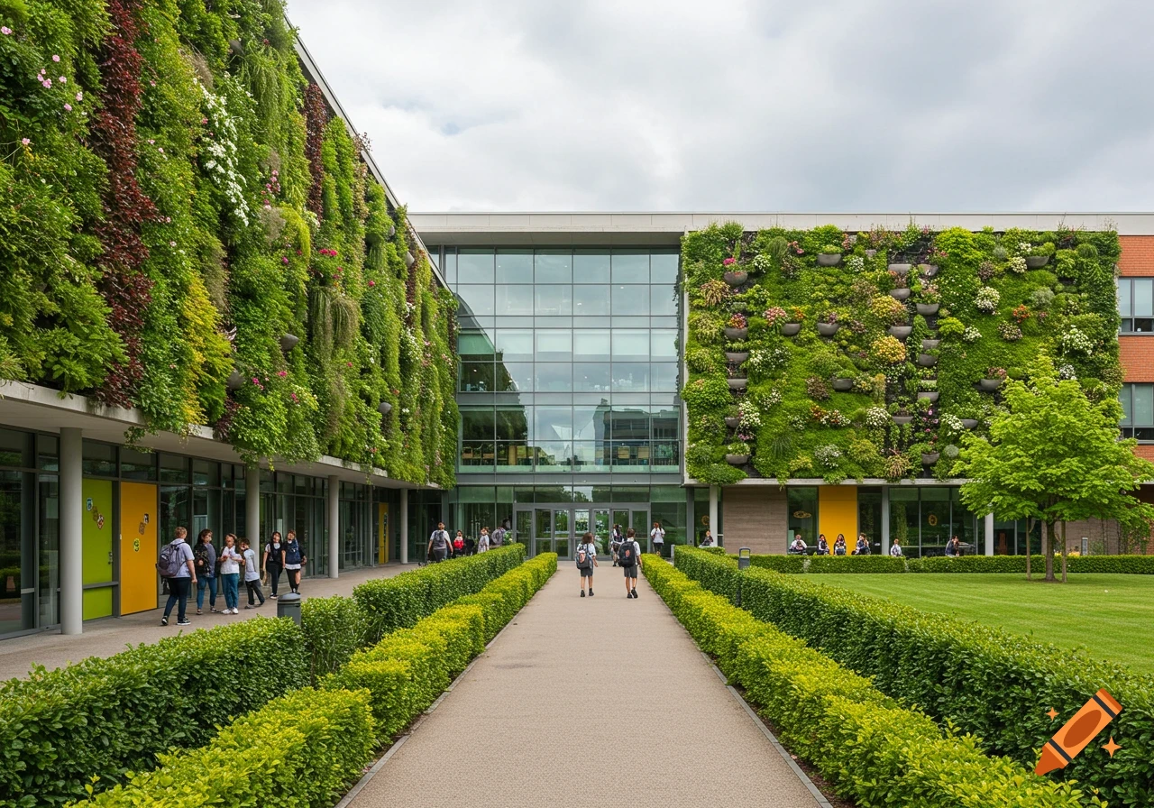 Modern school with green living walls, glass facade, and a path lined with hedges where students walk.