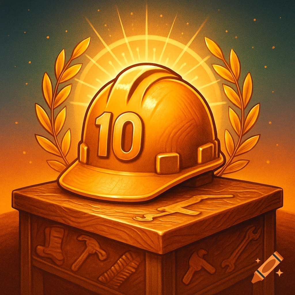 Golden hard hat with '10' and a laurel wreath, on a wooden pedestal with carved tools, bathed in sunlight.
