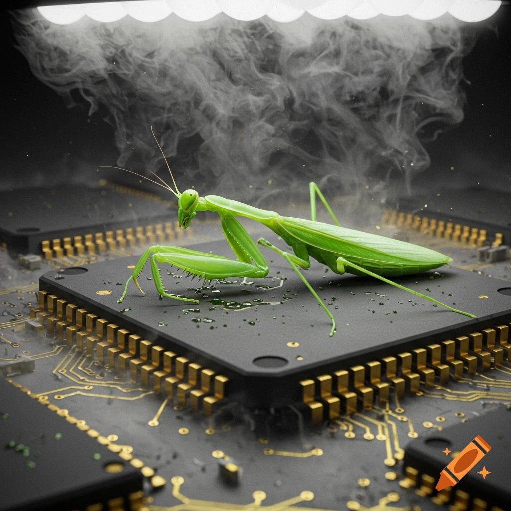 A vibrant green praying mantis stands on a black computer chip with gold pins, amidst smoke and green liquid droplets.