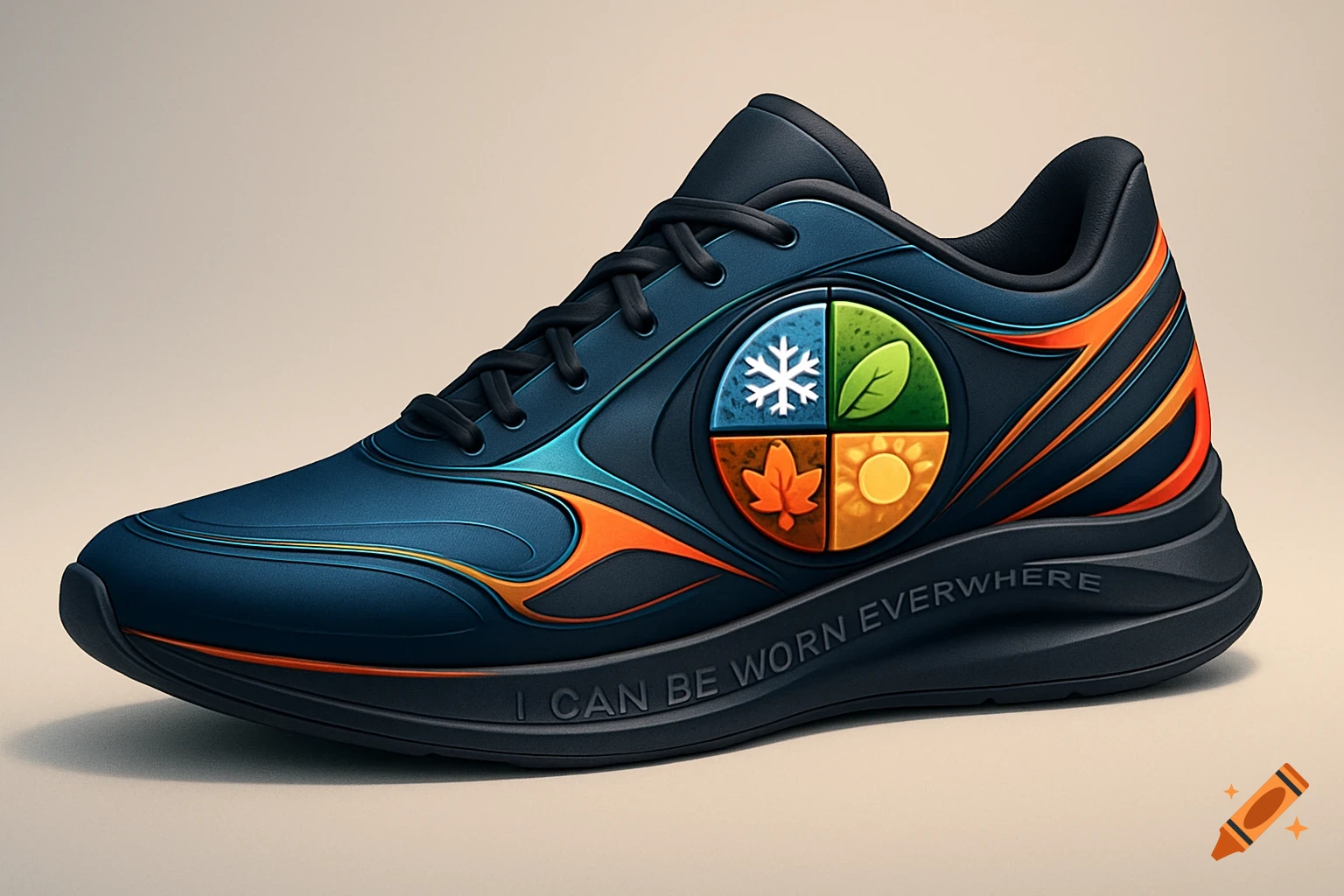 Dark blue sneaker with orange and light blue accents, a four-season emblem on the side, and 'I CAN BE WORN EVERYWHERE' text on the sole.