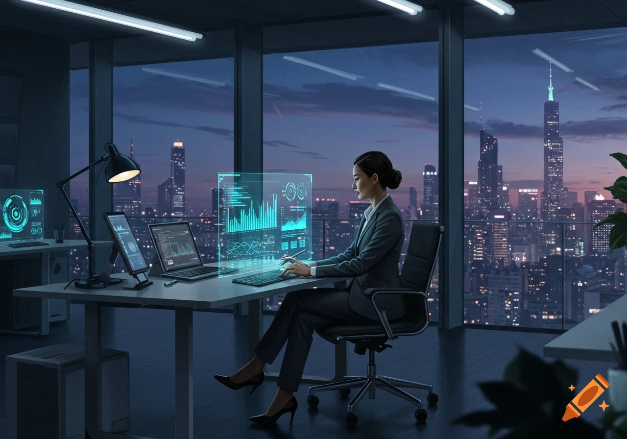 Photorealistic image of a business woman working in a high-tech office overlooking a city skyline at night.