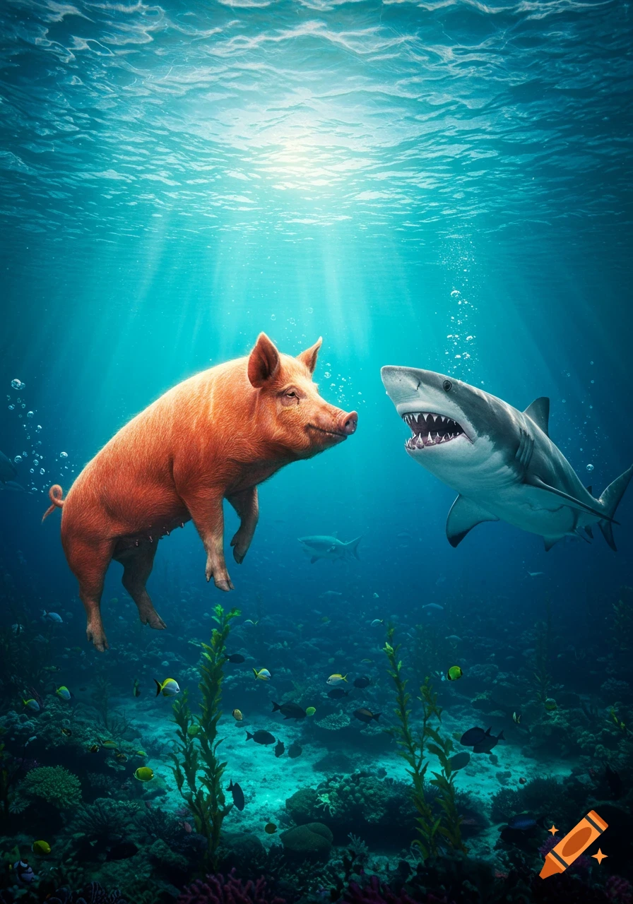 A reddish-brown pig floats underwater, facing a great white shark with its mouth open, amidst a vibrant coral reef with sun rays.