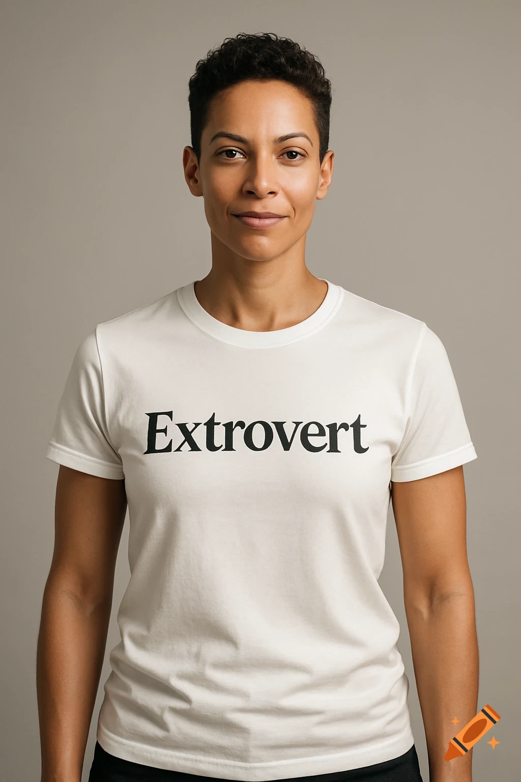Photorealistic portrait of a woman with short hair wearing a white t-shirt with 'Extrovert' on it, on a neutral background.