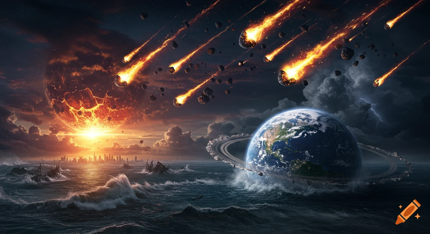 A catastrophic scene with a giant cracking moon, meteors raining down, Earth with a debris ring, and turbulent oceans engulfing a distant city at sunset.