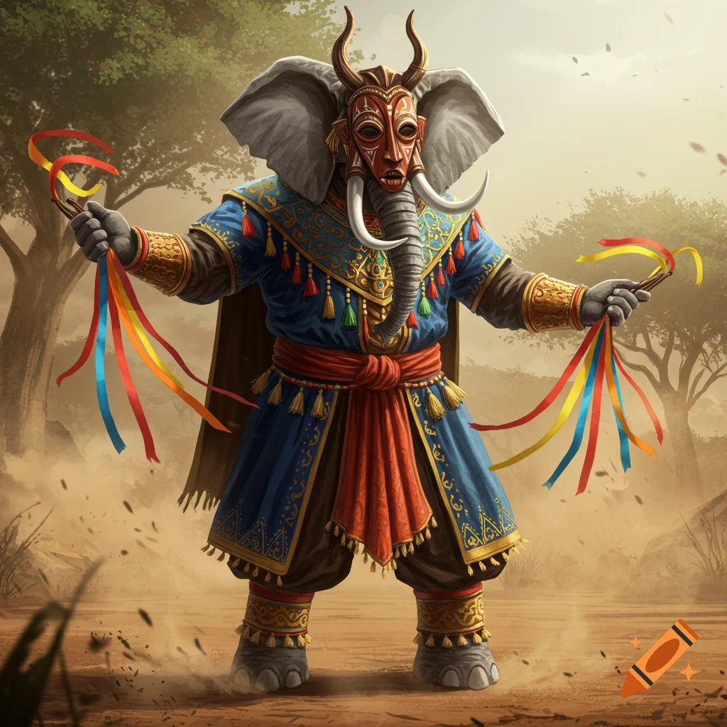 A bipedal elephant creature in a vibrant, elaborate blue and gold costume with a red mask and horns, holding colorful ribbons, stands in a dusty outdoor setting.