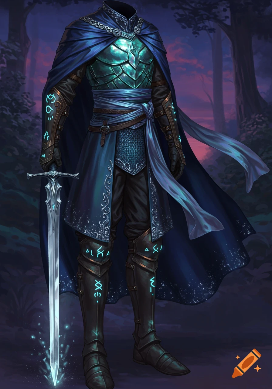 A headless figure in glowing blue and green fantasy armor holds a matching sword in a magical forest.
