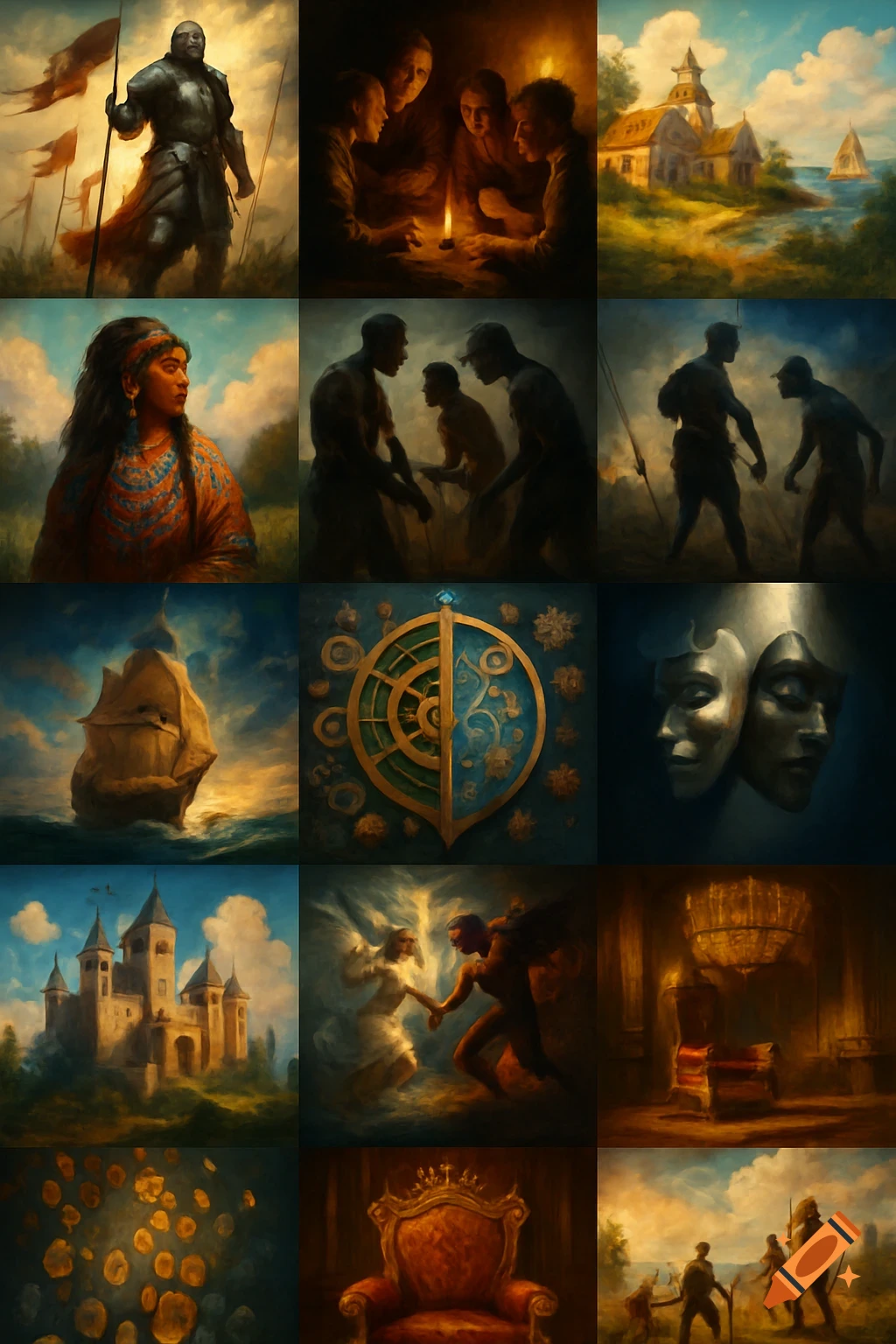 A grid of 12 painterly illustrations depicting various scenes: a knight, people by candlelight, a coastal village, a woman, laborers, an abstract symbol, two masks, a castle, an angel and demon, a throne, and warriors.