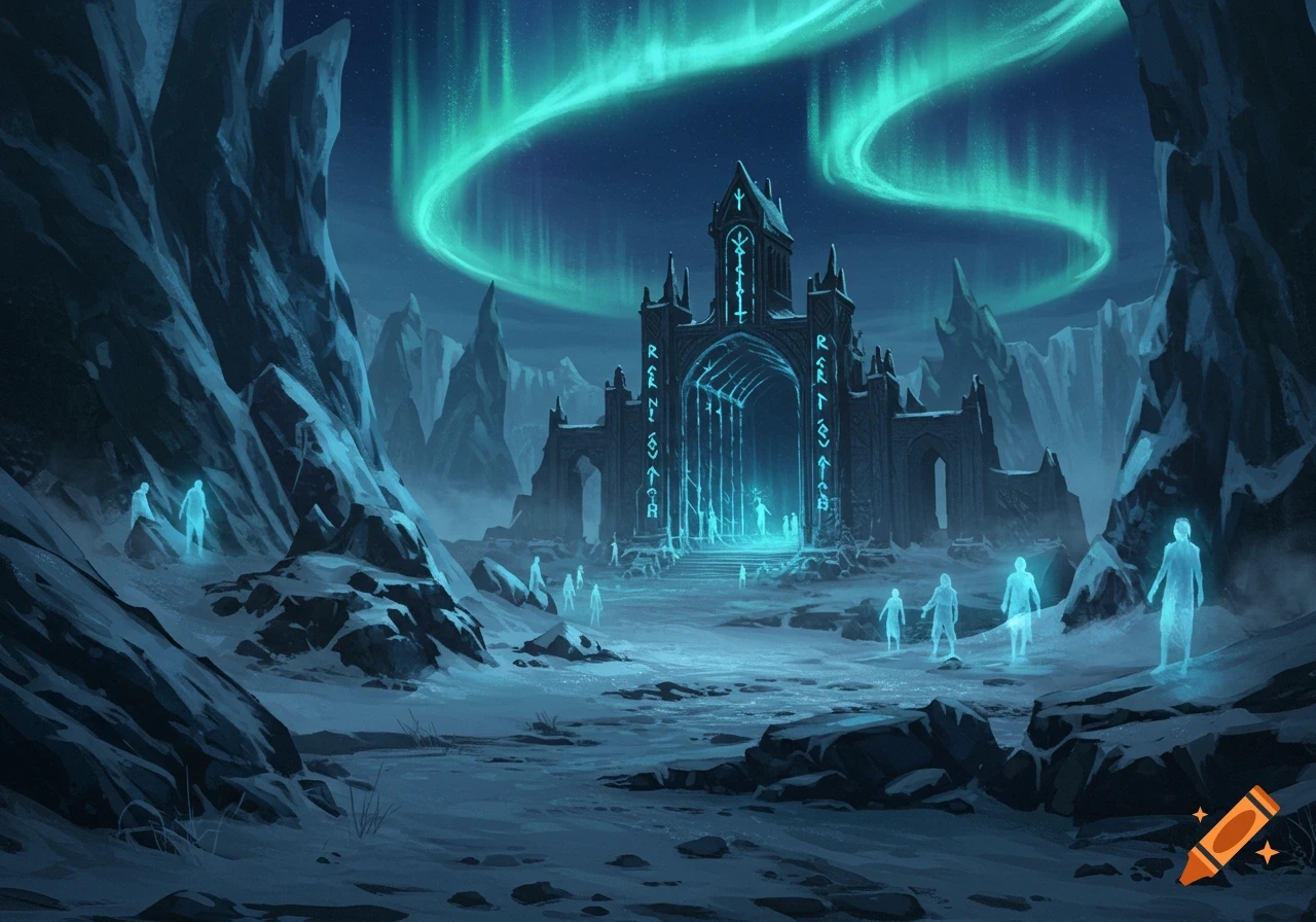A dark fantasy castle with glowing runes in an arctic landscape under green aurora borealis, surrounded by translucent spirits.