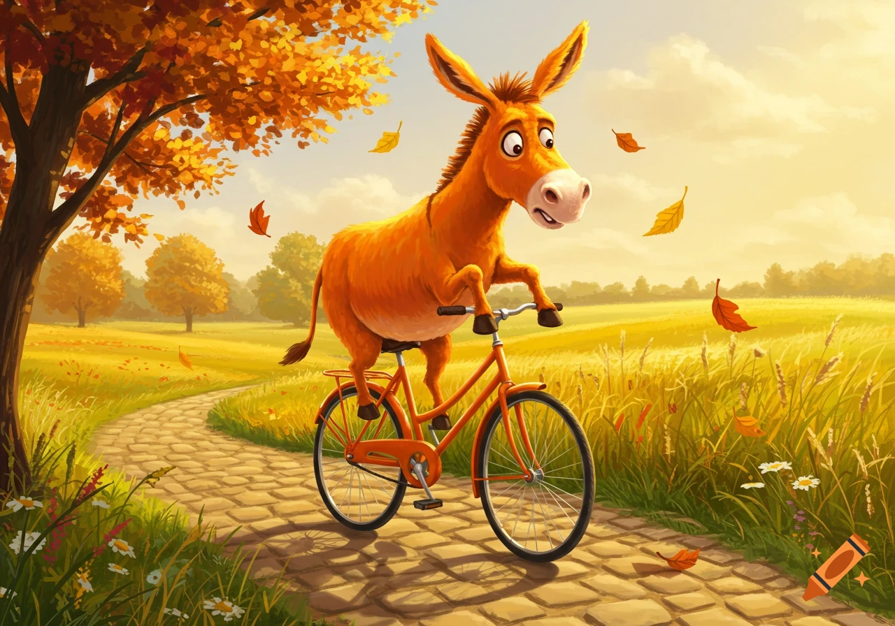 Cartoon orange donkey on an orange bicycle rides a cobbled path through a vibrant autumn field with trees and falling leaves.