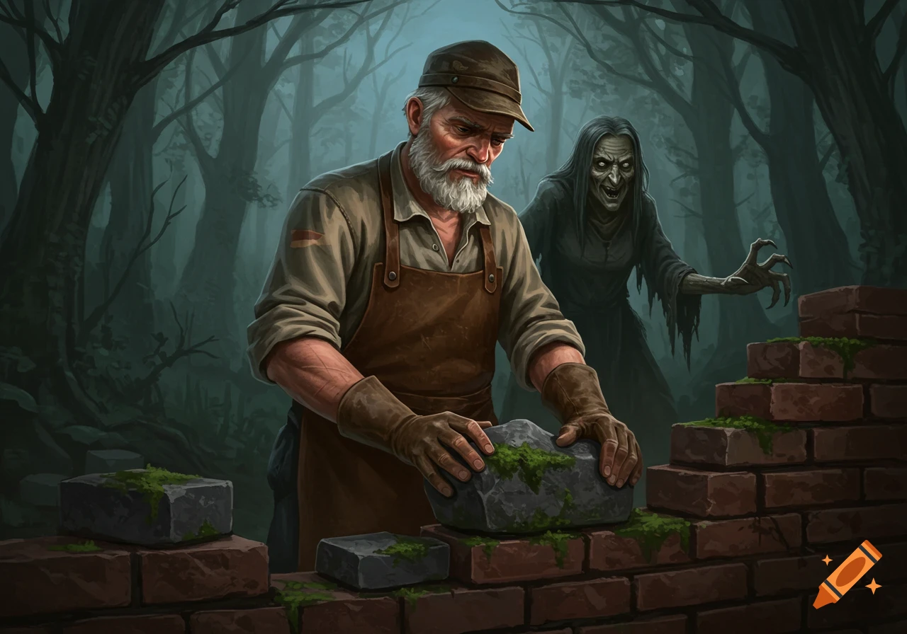An old mason builds a mossy brick wall in a dark forest, a terrifying witch with sharp claws lurks menacingly behind him. Digital art.