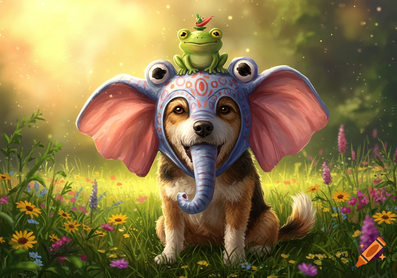 A cute dog wearing a whimsical elephant hat with a small frog on top, sitting in a sunny field of colorful wildflowers. Illustration.