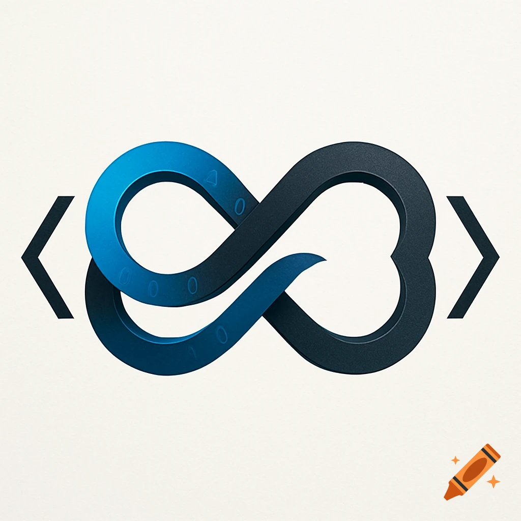 A sleek blue and charcoal infinity symbol intertwined with code brackets, hinting at binary digits, on a light background.