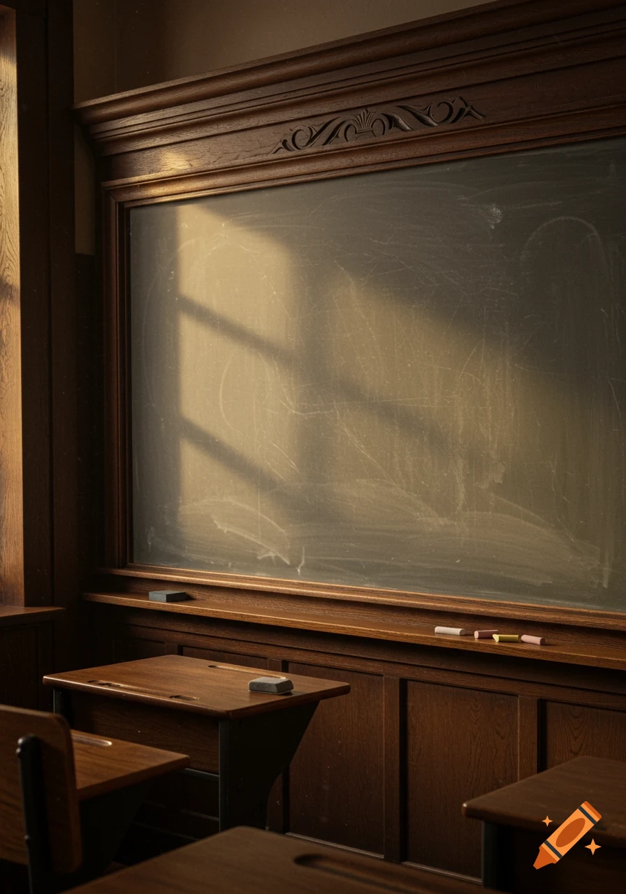 Empty vintage classroom with a sunlit, dusty blackboard framed in ornate wood, and wooden desks.