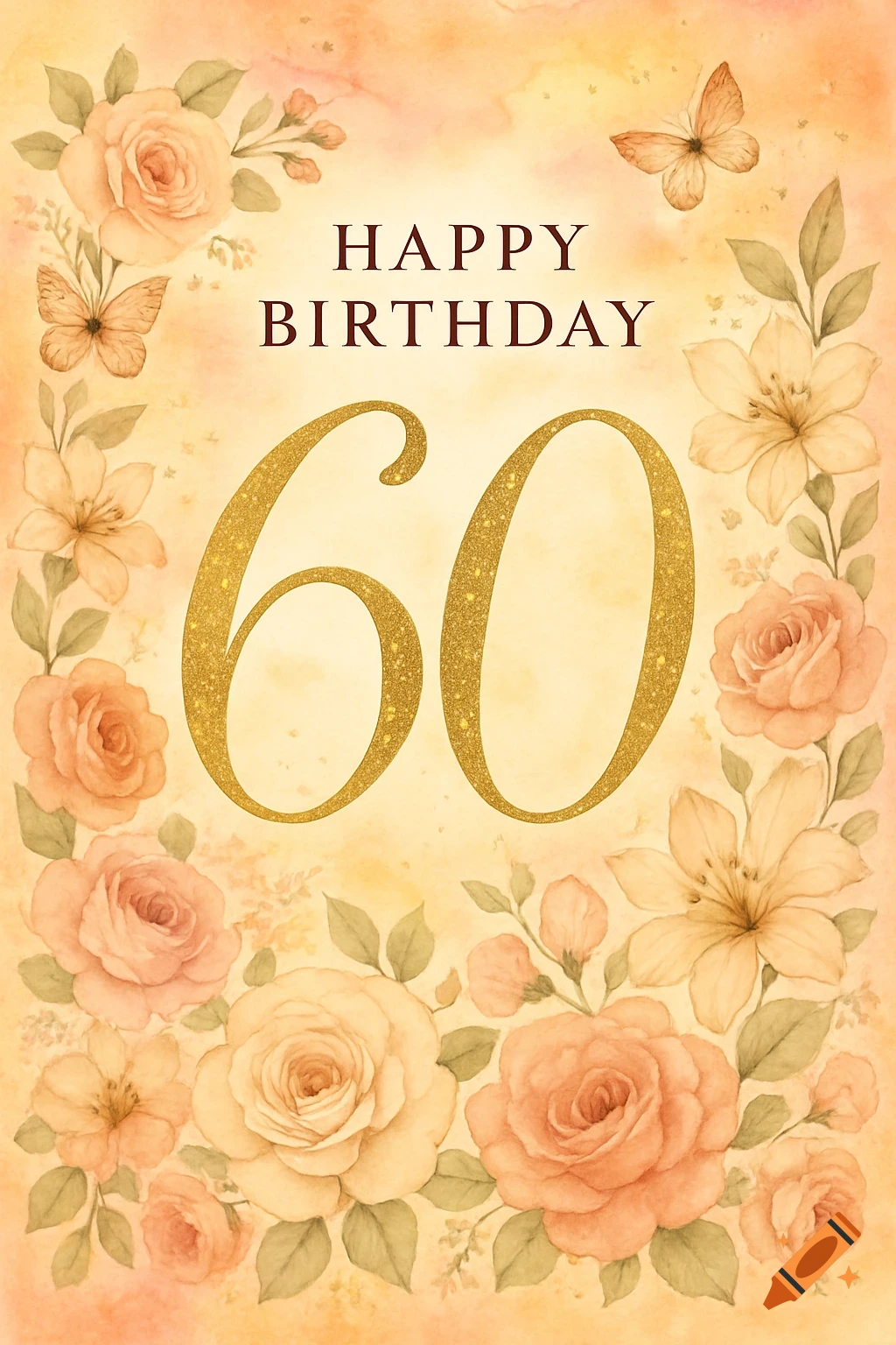 Watercolor birthday card with 'HAPPY BIRTHDAY 60' text, adorned with peach roses, lilies, leaves, and two butterflies.