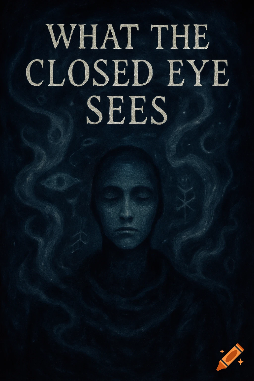 A dark, surreal book cover showing a figure with closed eyes surrounded by swirling mist and symbols, with the title 'WHAT THE CLOSED EYE SEES'.
