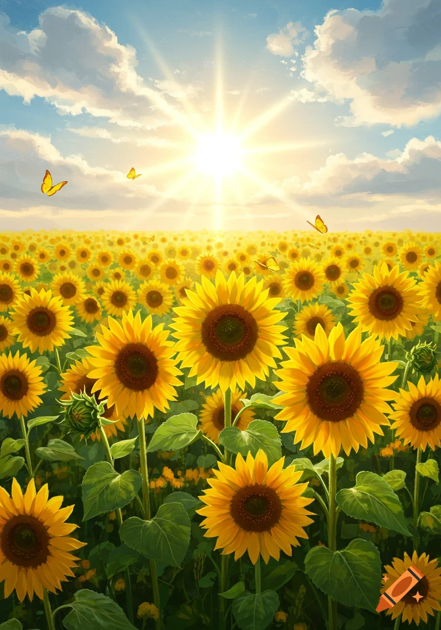 A vibrant field of yellow sunflowers under a bright sun and blue sky with white clouds, with several butterflies fluttering.