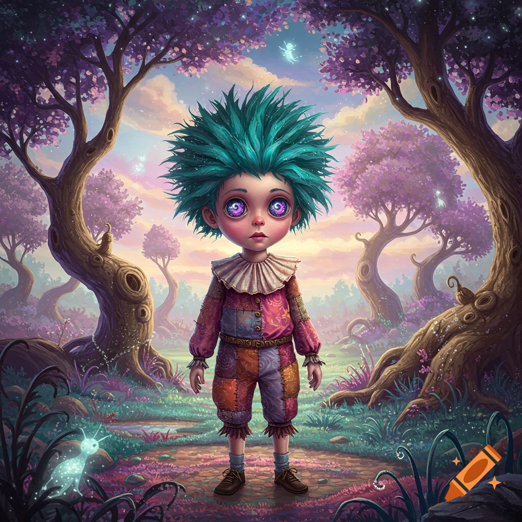 A whimsical boy with spiky teal hair and large, swirling purple eyes stands in a vibrant fantasy forest.