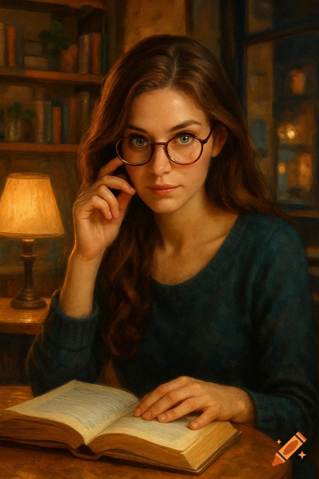 A young woman with long brown hair and glasses reads a book in a warm, painterly style.