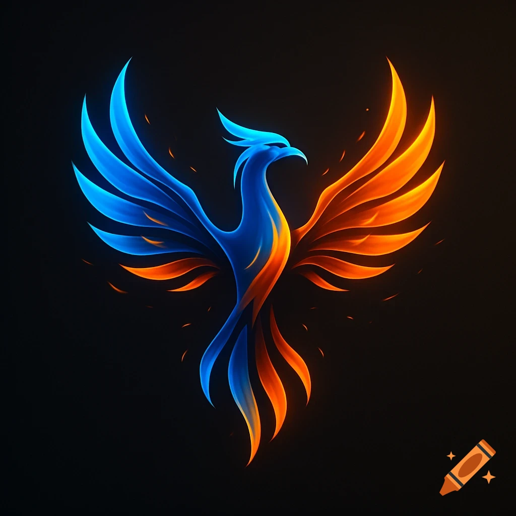 Stylized phoenix logo with one wing made of blue fire and the other of orange fire, on a dark background.