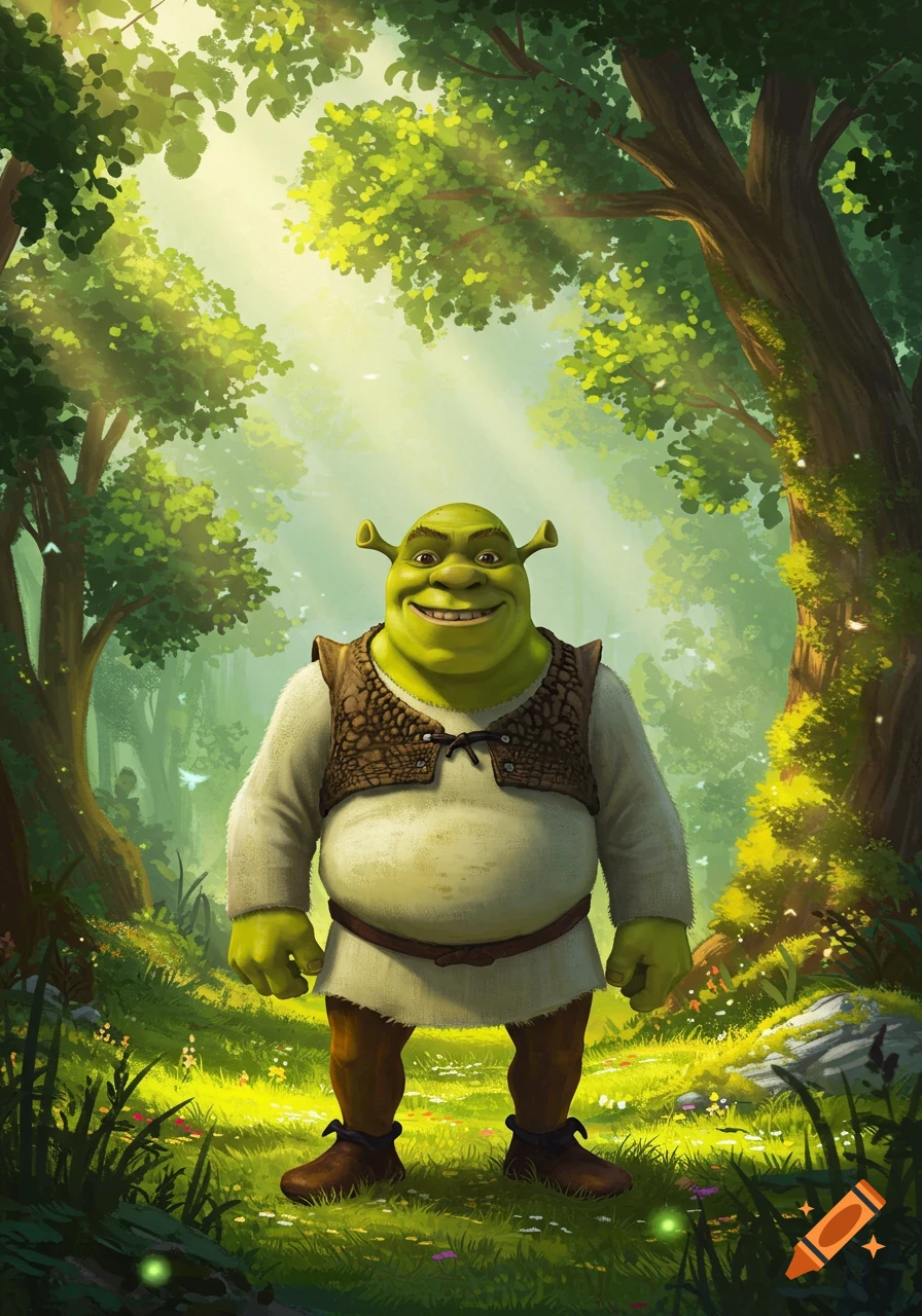 Shrek, the green ogre, smiles broadly while standing in a sunny, vibrant fantasy forest, digital art.