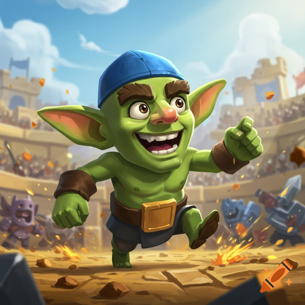 A happy, cartoonish green goblin in a blue cap runs and points in a battle arena with debris and spectators.