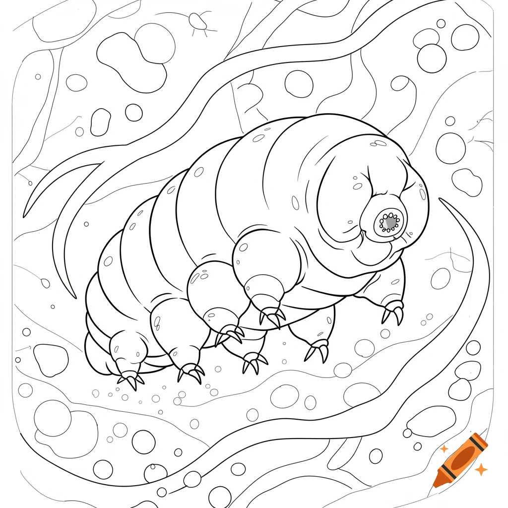 Black and white line art coloring page of a tardigrade surrounded by microscopic shapes.